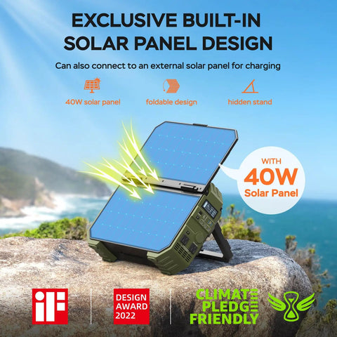 No Sweat Portable Power Station With Built In Fold Solar Panel 1600W Output 3200W Peak 1024Wh Lifepo4 Battery 100W Usb C Fast Charge Camping Road Trip Ready Olive Green featuring a foldable 40W solar panel.