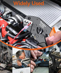 Workhorse Ratcheting Wire Crimping Tool With AWG 22 To 14 Carbide Jaws And Solid Grip for spade connectors, shown in automotive wiring.
