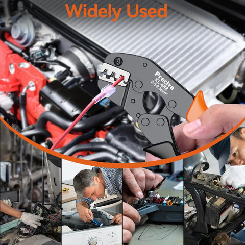 Workhorse Ratcheting Wire Crimping Tool With AWG 22 To 14 Carbide Jaws And Solid Grip for spade connectors, shown in automotive wiring.