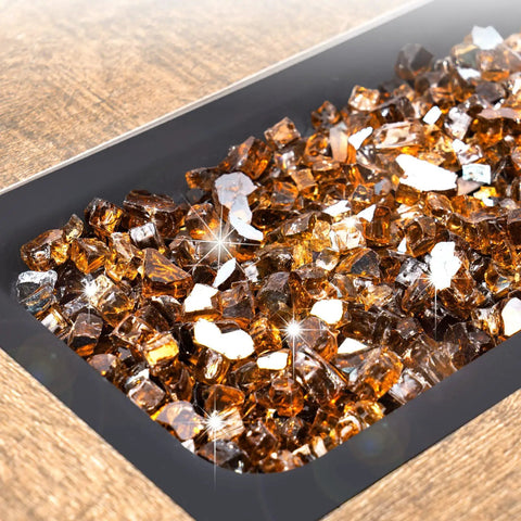 Copper Reflective Fire Glass 10 Lbs for propane fire pit shown in a close-up view, showcasing sparkly copper fire glass rocks.