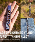 Titanium EDC Pry Bar Keychain Multitool Pocket Tool With Bottle Opener And Small Screwdriver For Everyday Carry. Shown in hand and on jeans.