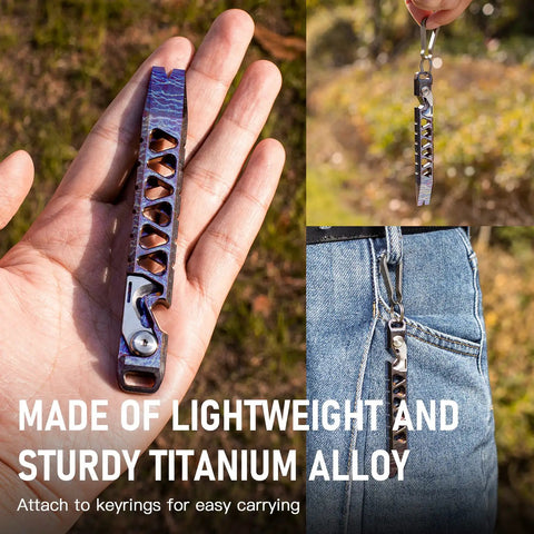 Titanium EDC Pry Bar Keychain Multitool Pocket Tool With Bottle Opener And Small Screwdriver For Everyday Carry. Shown in hand and on jeans.