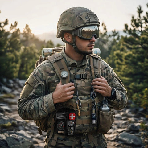 First aid kit pouch on black tactical MOLLE vest, front view, worn by camo-clad soldier outdoors