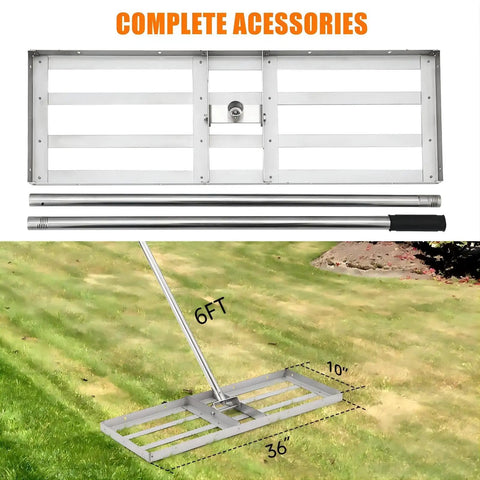 30 By 10 Inch Stainless Steel Lawn Leveling Rake With 6-Foot Extra Long Handle, complete accessories and measurements shown