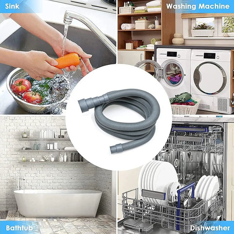 6 Feet Universal Drain Hose Kit for Washing Machines and Dishwashers With Corrugated Hose, seven piece set shown in home setup