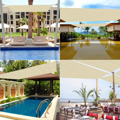 Collage of Beige 4x8 Sun Shade Sail For Patios And Backyards UV Blocking Outdoor Shade For Pergolas Built Tough HDPE 180gsm