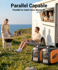Camping scene with family and Beefy 2800 Watt Portable Inverter Generator For Home And Camping Use Gas Powered Quiet Emergency Backup outdoors.