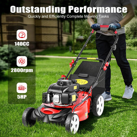 20 Inch Self Propelled Gas Push Lawn Mower With Bagger 140cc 4 Stroke Engine Delivers Smooth Cut 2800 RPM Walk Behind Yard Care Machine 8 Position Height Adjustment Easy Start Heavy Duty Grass Cutter in use on lawn