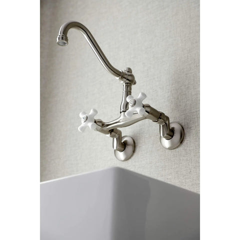Old School Vintage Style Wall Mount Kitchen Faucet In Brushed Nickel, Swivel Victorian Spout, 11.75 Inch Reach installed above sink