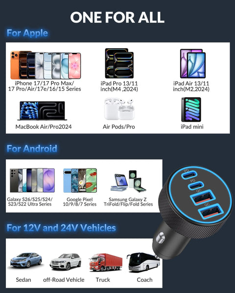 4 In 1 USB C Car Charger With 90W Fast PD QC Power with dual USB C and USB A ports for Apple, Android, and vehicle compatibility