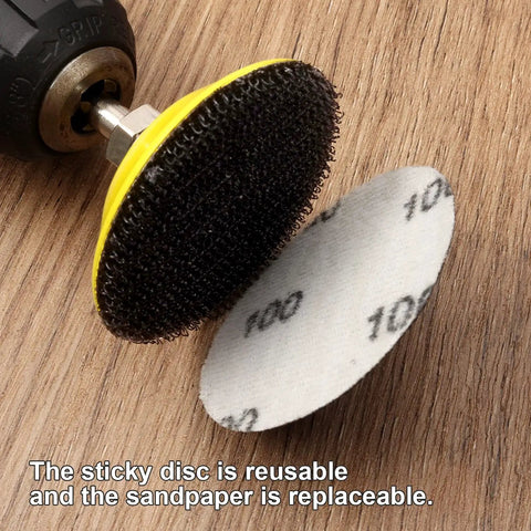 All In One 2 Inch Sanding Disc Kit with 120 Pcs Wet Dry Sandpaper Pads Grits 60 to 10000 shown with drill and backing pad