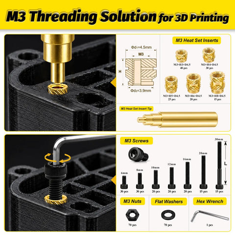 Slick Pro Setup M3 Heat Set Inserts And Legit M3 Socket Screw Tool Kit With Hex Wrench, showing heat inserts, screws, and tools for 3D printing.