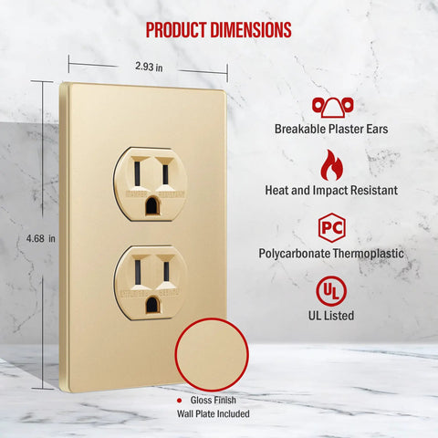 Elite Series Tamper Resistant Duplex Outlet With Screwless Wall Plate And Grounding Residential Grade 15A 125V Receptacle UL Listed Gold Finish