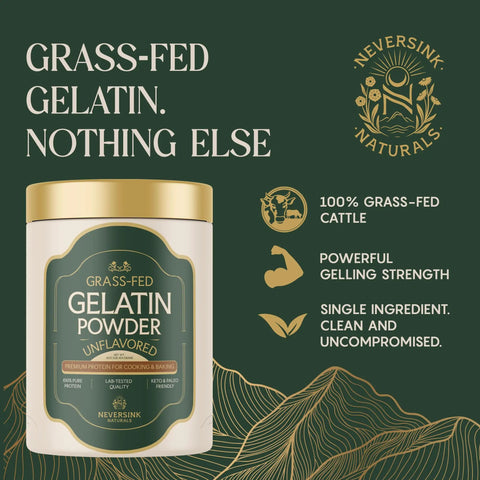 Grass Fed Unflavored Gelatin Powder For Everyday Cooking And Baking, 11g Protein, jar with product benefits on dark background