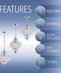 Chrome 12-Inch One-Light Crystal Pendant Light With Moroccan Quatrefoil Glam Design features adjustable chain and LED bulb
