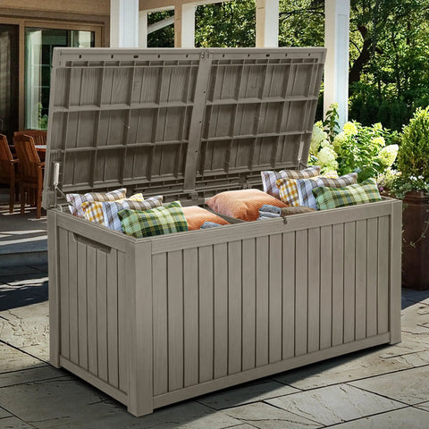 Beefy 220 Gallon XL Outdoor Storage Deck Box With Divider Built For Real Life Use, Weatherproof Resin, Taupe, open with cushions