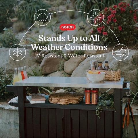Outdoor Rolling Kitchen Island Cart With Wheels For Patio Bar And Grill Portable Food Prep Table And Storage Dark Brown Party Ready For Drinks Snacks And Cooking On The Go featuring food and drinks on stainless steel top, weather-resistant sign
