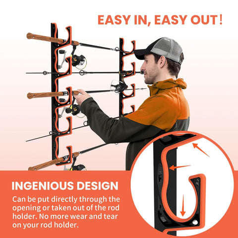Individual using Heavy Duty Fishing Rod Holder Set For Garage Wall Or Ceiling Mounts With Soft TPU Pads to store rods.