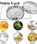 Stainless Steel Honey Strainer With Double Sieve For Beekeeping Gear, shown filtering various substances