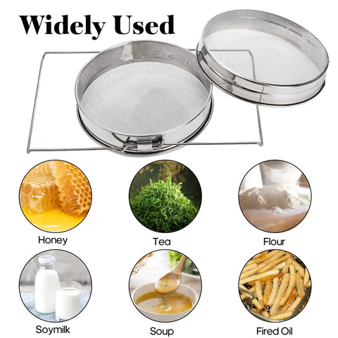 Stainless Steel Honey Strainer With Double Sieve For Beekeeping Gear, shown filtering various substances