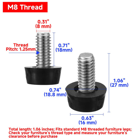 Diagram showing dimensions of M8 Thread Adjustable Furniture Levelers 20 Pcs Screw In Feet Galvanized Steel for table and chair legs.