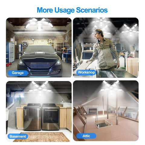 Deformable LED Garage Ceiling Light 180W 18000LM illuminates garage, workshop, basement, and attic with 10 adjustable panels 6500K daylight