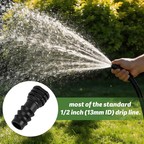 Barbed connector with water spray, part of 20 Pack 1/2 Inch Drip Irrigation Barbed End Plug Fittings And End Cap Connectors For 1/2 Inch Tubing 0.520 To 0.650 ID OD Garden Lawn Irrigation System No Fuss Setup.