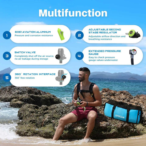 Man on beach with S700 Plus Mini Scuba Tank 1.9L Portable Diving Tank Reusable Pony Bottle next to vest and bag