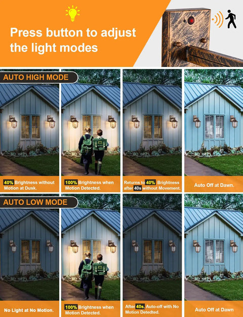 Smart Dusk To Dawn Sensor Outdoor Wall Lantern In Nautical Style Waterproof Wall Mount Sconce showing auto light modes