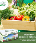 Easy At Home Soil Test Kit For Garden Lawn And Flower Beds box with fresh vegetables in wooden crate.