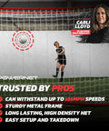 Soccer player using Portable 12x6 Foot Soccer Goal For Backyard Fun And Outdoor Training, Easy Setup Net With Ground Stakes And Bungee, Zippered Storage Bag Included, Perfect For Solo Practice Drills Or Team Scrimmages, with high-density net and metal frame.