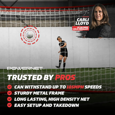 Soccer player using Portable 12x6 Foot Soccer Goal For Backyard Fun And Outdoor Training, Easy Setup Net With Ground Stakes And Bungee, Zippered Storage Bag Included, Perfect For Solo Practice Drills Or Team Scrimmages, with high-density net and metal frame.