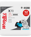 PowerClean X70 Medium Duty Cloths Quarterfold Wipes For Industrial Cleaning packaging showing 12 packs of 76 sheets, white.