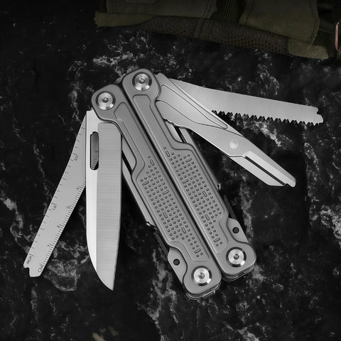 15 In 1 Multitool Pliers With Spring Loaded Head And Thick Hardened Steel Build Non Slip Handle on black surface