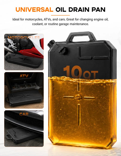 Universal Motorcycle Low Profile Oil Drain Pan with 10 Quart Capacity under motorcycle, ATV, and car for easy oil changes