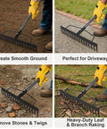 Four photos showing the Tough-As-Nails 17 Inch Metal Bow Rake With XL Cowhide Gloves And 65 Inch Adjustable Steel Handle in use on various terrains.