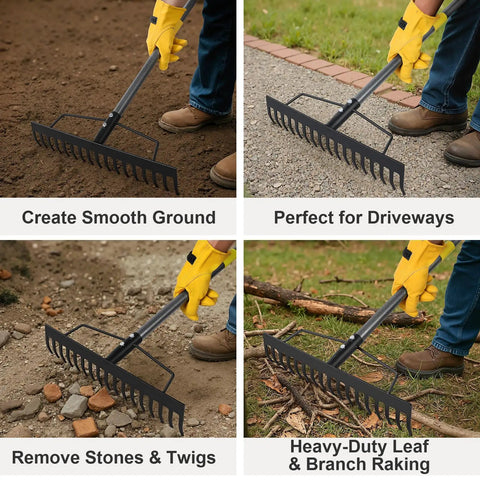 Four photos showing the Tough-As-Nails 17 Inch Metal Bow Rake With XL Cowhide Gloves And 65 Inch Adjustable Steel Handle in use on various terrains.
