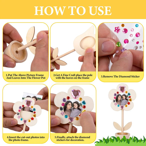 DIY Paintable Wooden Flower Photo Holders And Picture Frames Craft Kit with 28 unfinished flower ornaments in use