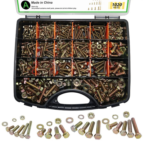 Beefy Heavy Duty 1020 Piece Bolt And Nut Kit With Washers, Grade 8.8 M4 M5 M6 M8 Hex Bolts And Nuts, Yellow Zinc Plated 12 To 30mm