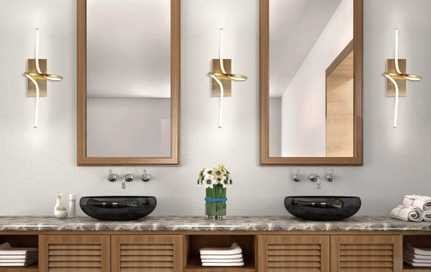 9-Inch Gold Modern Minimalist Integrated LED Vanity Light Sconce Dope Glow Dimmable Metal Wall Lamp for Bathroom Mirror Living Room Hallway Hardwired ETL Listed, showcased above double sink vanity with mirrors.