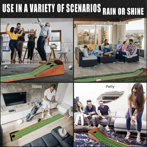 Indoor Golf Putting Green Mat For Home Practice With Auto Ball Return Portable And Easy To Set Up Wrinkle Free Natural Rubber Surface With Solid Wood Base Great For Offices And Living Rooms showcased in various indoor settings