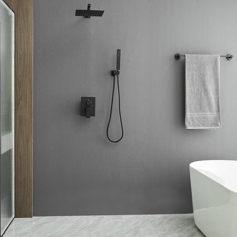 Black Square Shower System With 10 Inch Rainfall Shower Head, Dual Function Wall Mount Mixer, Handheld Shower, Included Rough In Valve Body And Trim, Complete Set For Easy Install And Top Notch Spa Quality Shower installed in modern bathroom.
