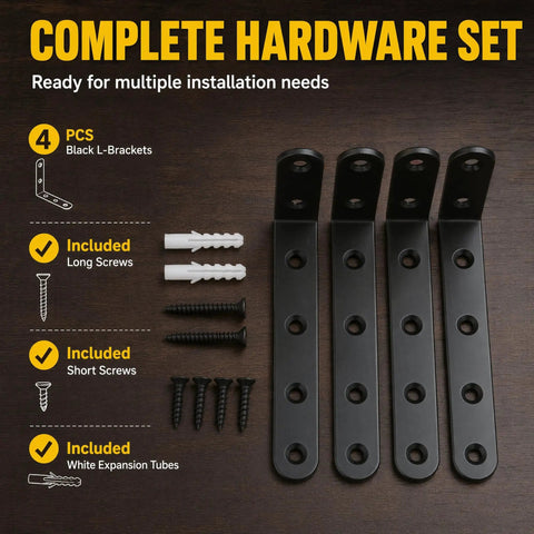 Top Notch Rock Solid Heavy Duty Black Cold Rolled Steel L Brackets 5 X 3 Inch Corner Shelf Braces With Included Screws for installation set.