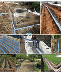 Perforated Corrugated PVC Drainage Hose With Expandable Infiltration Pipe for yard and lawn drainage, installed in various landscapes.