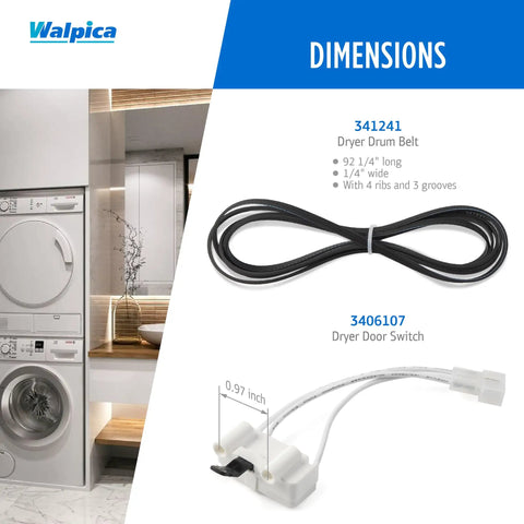 Complete Dryer Repair Kit With Belt, Two Drum Rollers, Idler Pulley, And Door Switch, shown with dryer belt and switch dimensions