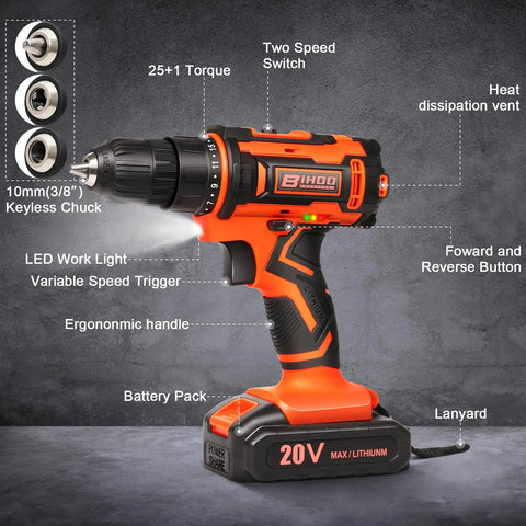 20V Cordless Drill Driver Set With Battery And Fast Charger LED Light 25 Plus One Torque Settings 43 Piece Drill Bit And Accessory Kit