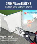 Snap Lock Punch Tool for Sheet Metal and Ductwork crimping gutter end cap in place with rugged design, shown in use.