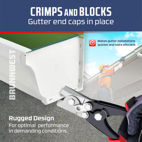 Snap Lock Punch Tool for Sheet Metal and Ductwork crimping gutter end cap in place with rugged design, shown in use.