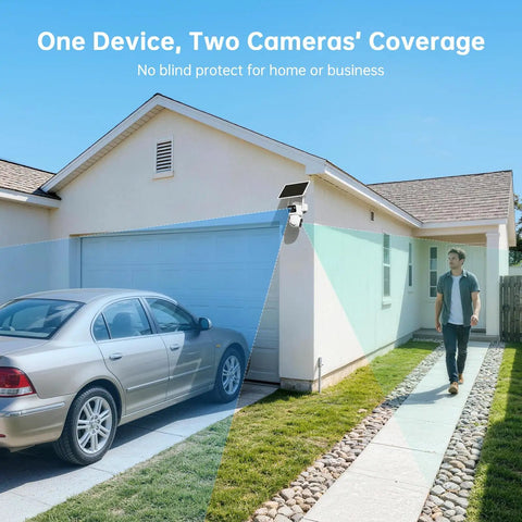 Dual Lens Solar Wireless Outdoor Security Camera With 2K Plus 2K Dual View mounted on house, covering car and pedestrian path.