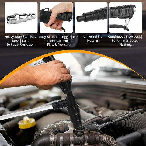 Lever Action Coolant Flush Gun Kit For Automotive Cooling System And Heater Core Cleaning with 2 transparent garden hoses